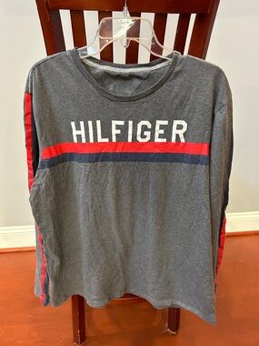 Tommy Hilfiger Gray Long Sleeve Tee with Red & Navy Stripes